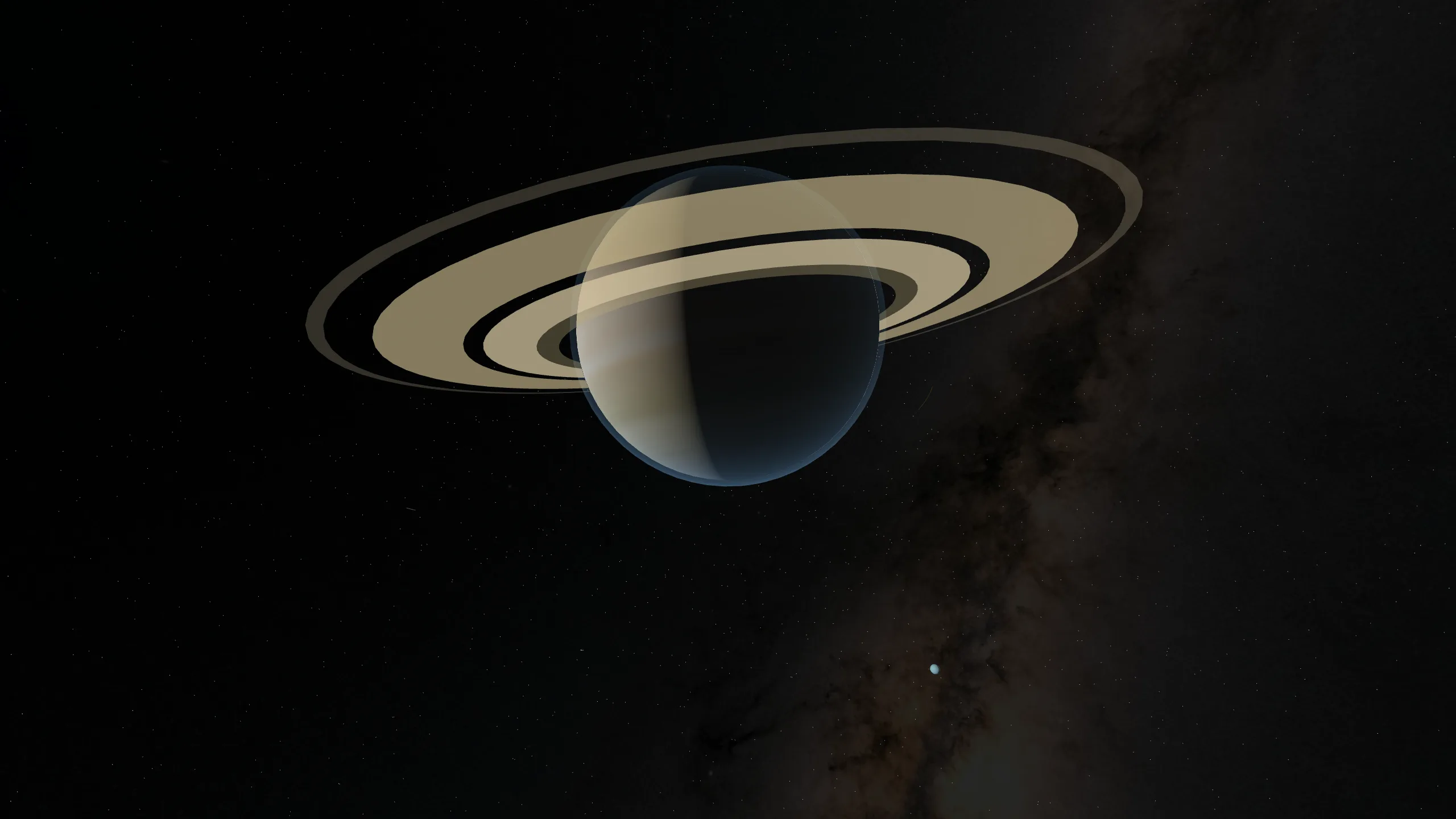 Saturn and its tilted rings above a dark starfield in the Luna space simulator, with the Milky Way behind