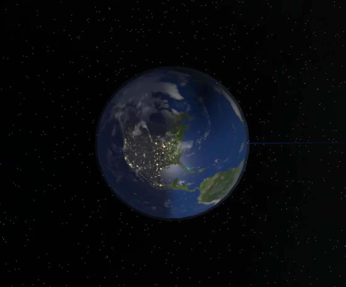 Earth seen from space in Luna, with North America in darkness and its city lights showing along the coasts