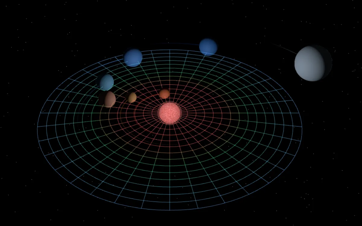 The seven TRAPPIST-1 planets in Luna, spaced at increasing distances from a small red dwarf star, above a grid showing the star's gravity well